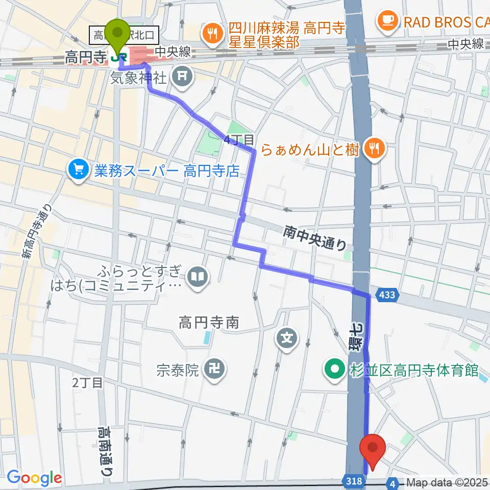 高円寺駅から東高円寺U.F.O.CLUBへのルートマップ地図
