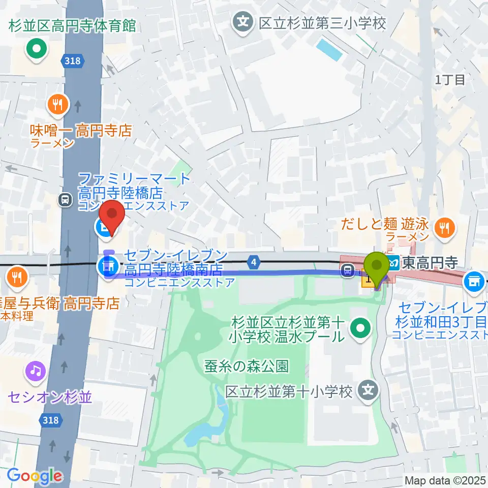 東高円寺U.F.O.CLUBの最寄駅東高円寺駅からの徒歩ルート（約4分）地図