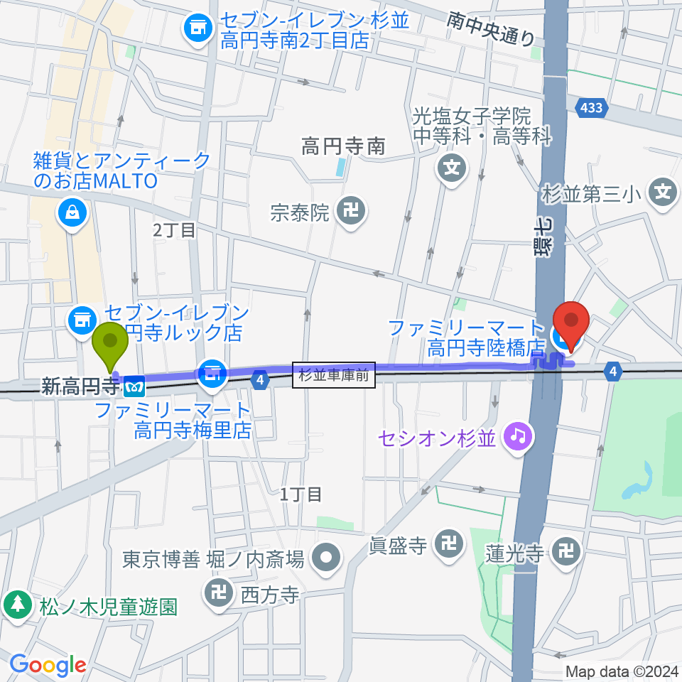 新高円寺駅から東高円寺U.F.O.CLUBへのルートマップ地図