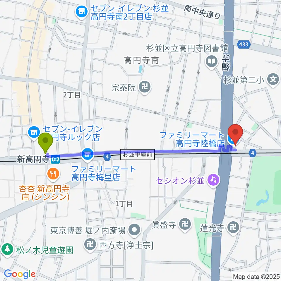 新高円寺駅から東高円寺U.F.O.CLUBへのルートマップ地図