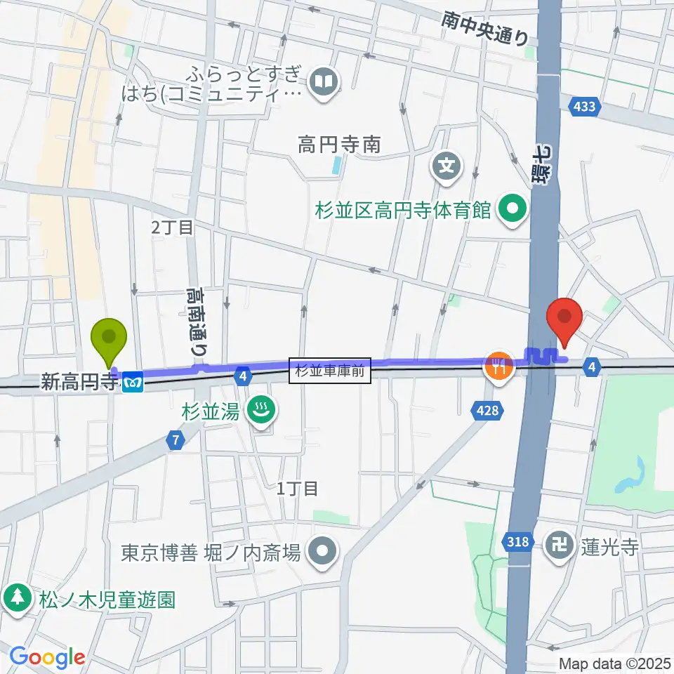 新高円寺駅から東高円寺U.F.O.CLUBへのルートマップ地図