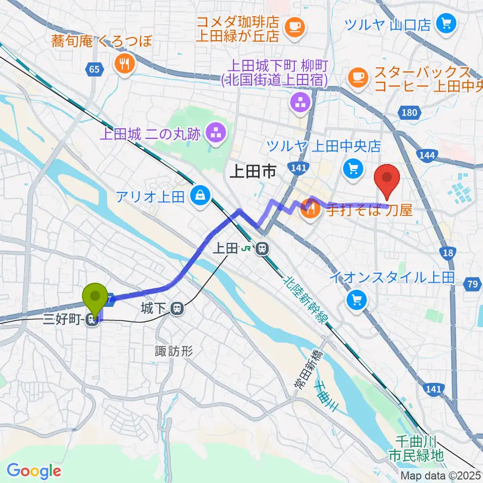 三好町駅から上田文化会館へのルートマップ地図