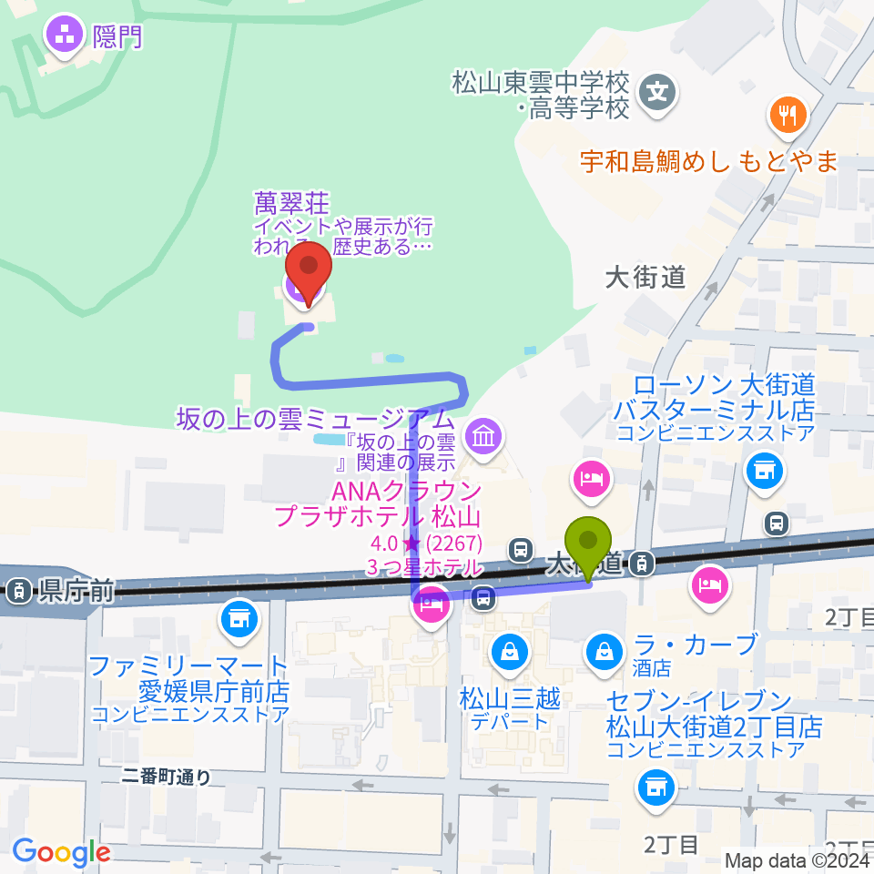 萬翠荘の最寄駅大街道駅からの徒歩ルート（約4分）地図