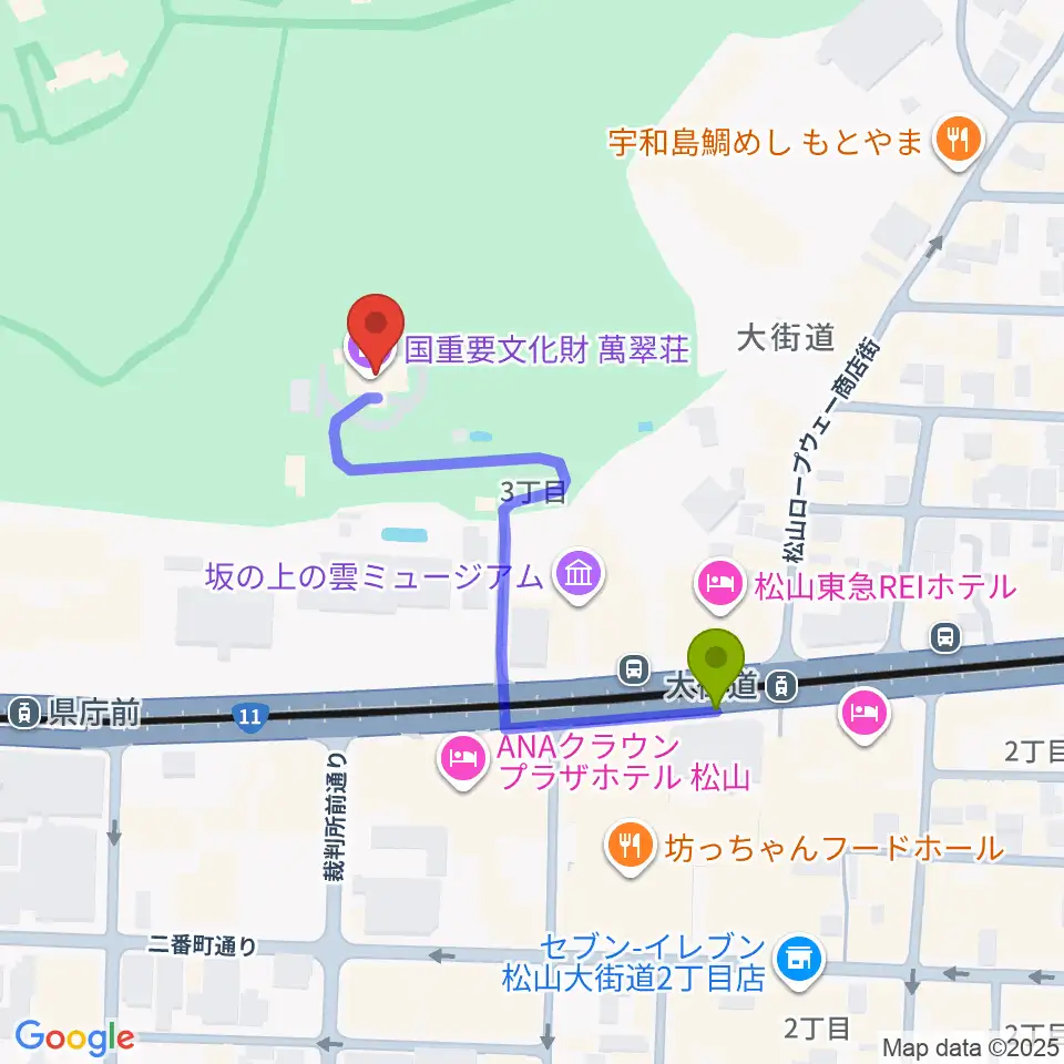 萬翠荘の最寄駅大街道駅からの徒歩ルート（約4分）地図