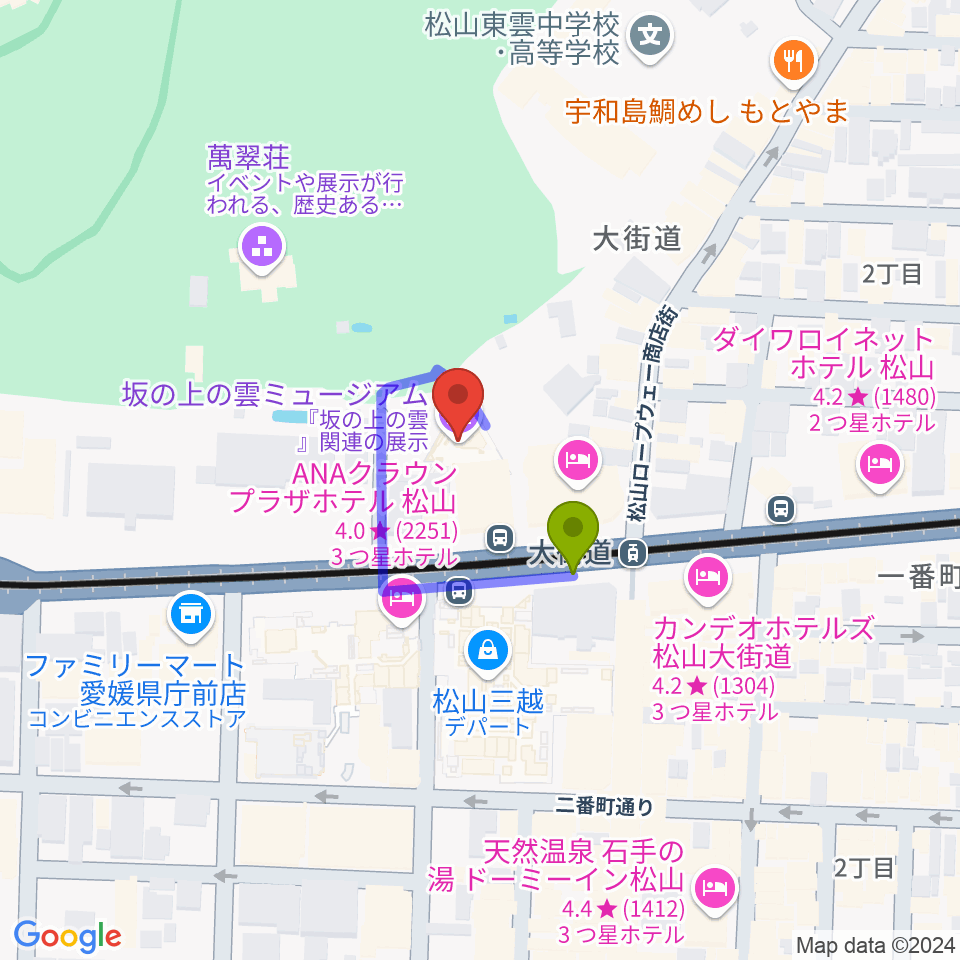 坂の上の雲ミュージアムの最寄駅大街道駅からの徒歩ルート（約1分）地図