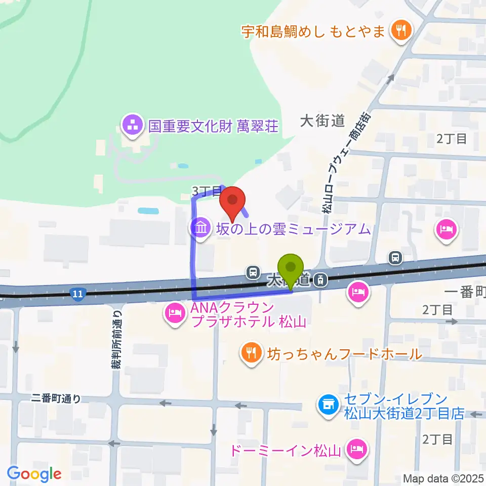 坂の上の雲ミュージアムの最寄駅大街道駅からの徒歩ルート（約1分）地図