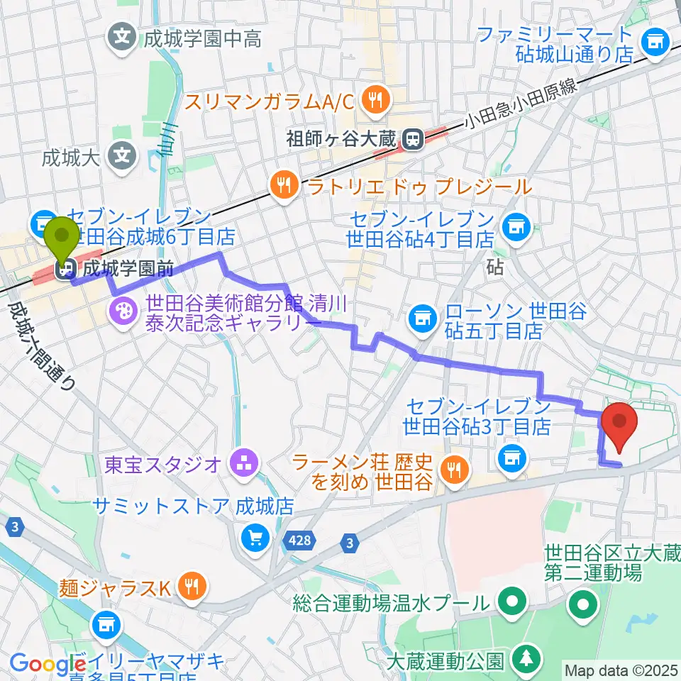 成城学園前駅からNHK技研講堂へのルートマップ地図