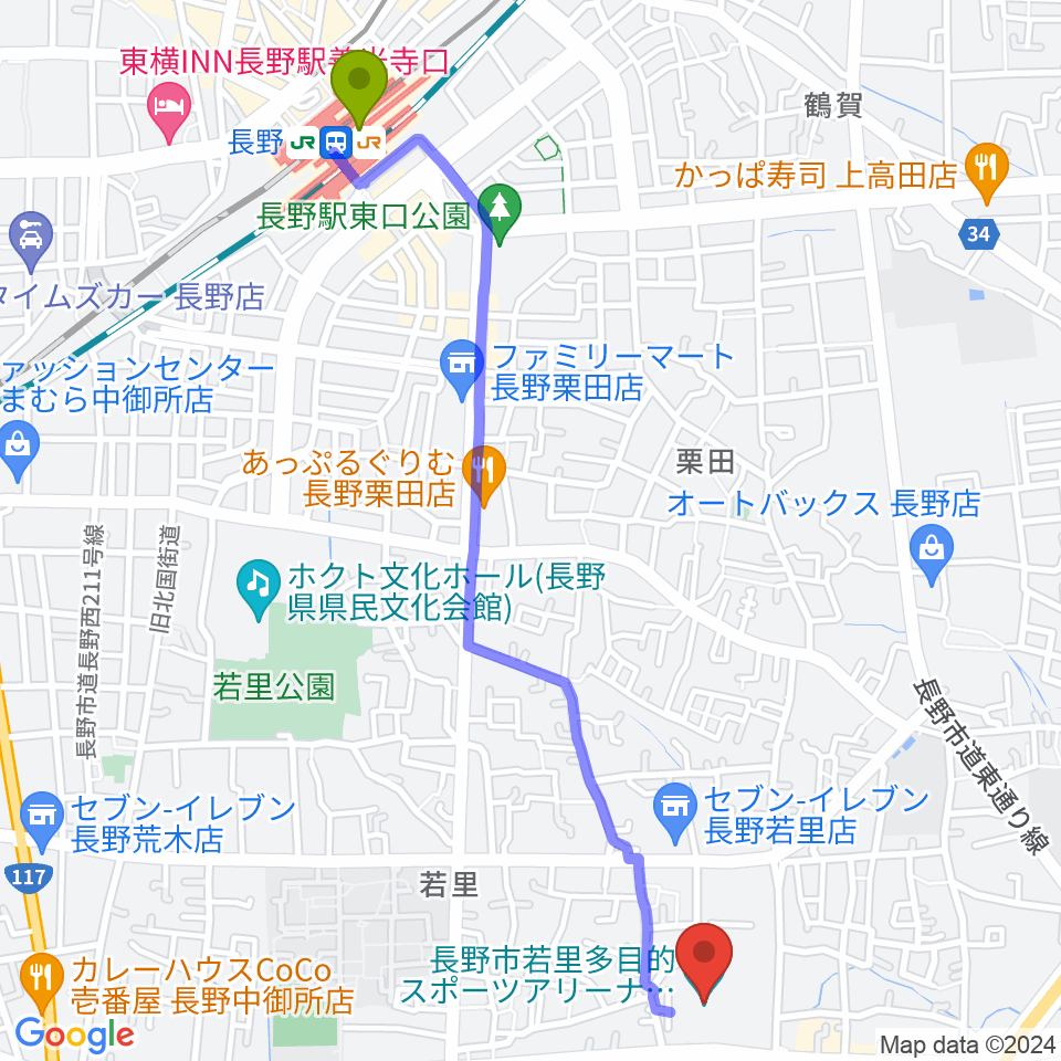 ビッグハットの最寄駅長野駅からの徒歩ルート（約27分）地図