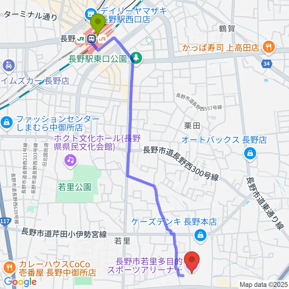 ビッグハットの最寄駅長野駅からの徒歩ルート（約27分）地図