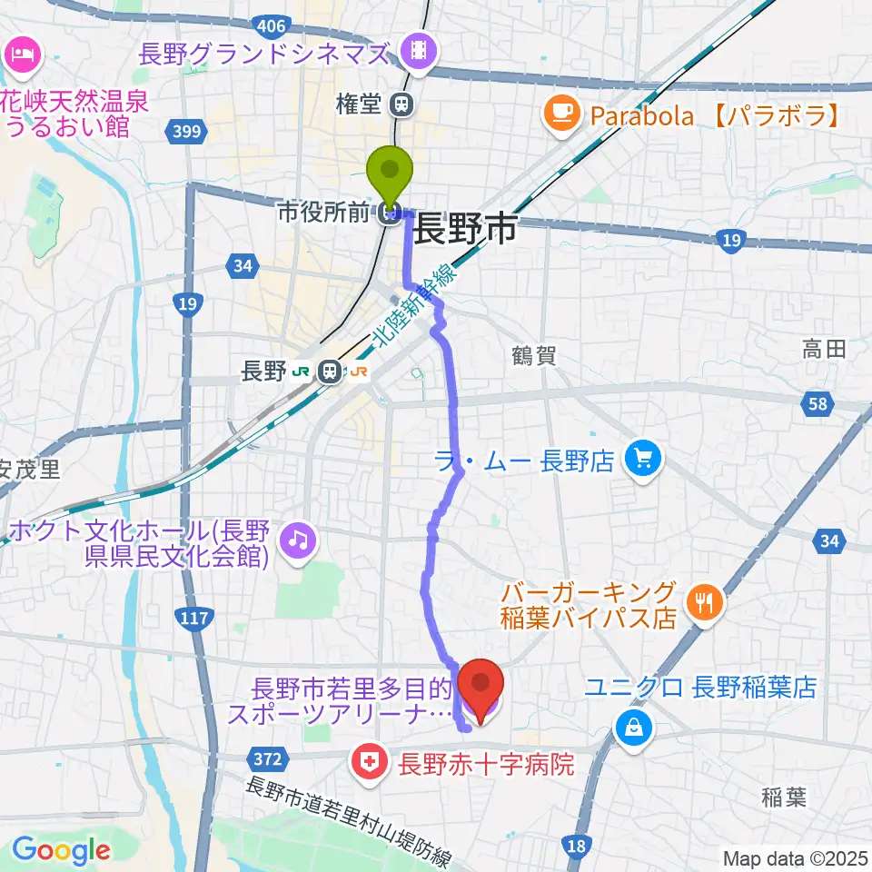 市役所前駅からビッグハットへのルートマップ地図