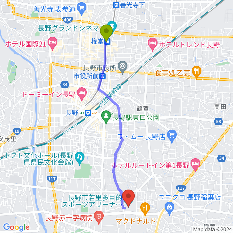 権堂駅からビッグハットへのルートマップ地図
