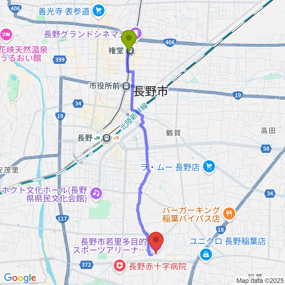 権堂駅から長野ビッグハットへのルートマップ地図
