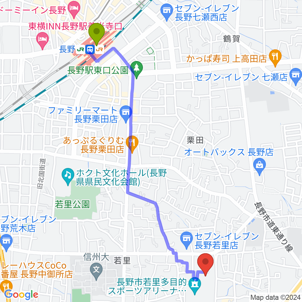 若里市民文化ホールの最寄駅長野駅からの徒歩ルート（約26分）地図