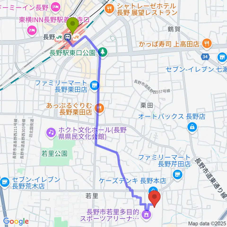 若里市民文化ホールの最寄駅長野駅からの徒歩ルート（約26分）地図