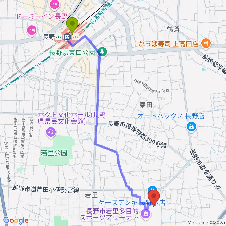 若里市民文化ホールの最寄駅長野駅からの徒歩ルート（約26分）地図