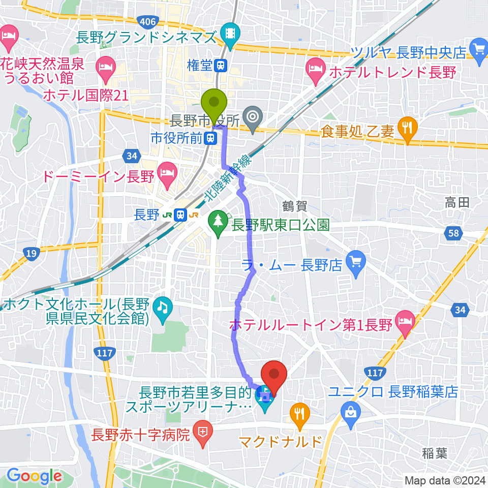 市役所前駅から若里市民文化ホールへのルートマップ地図