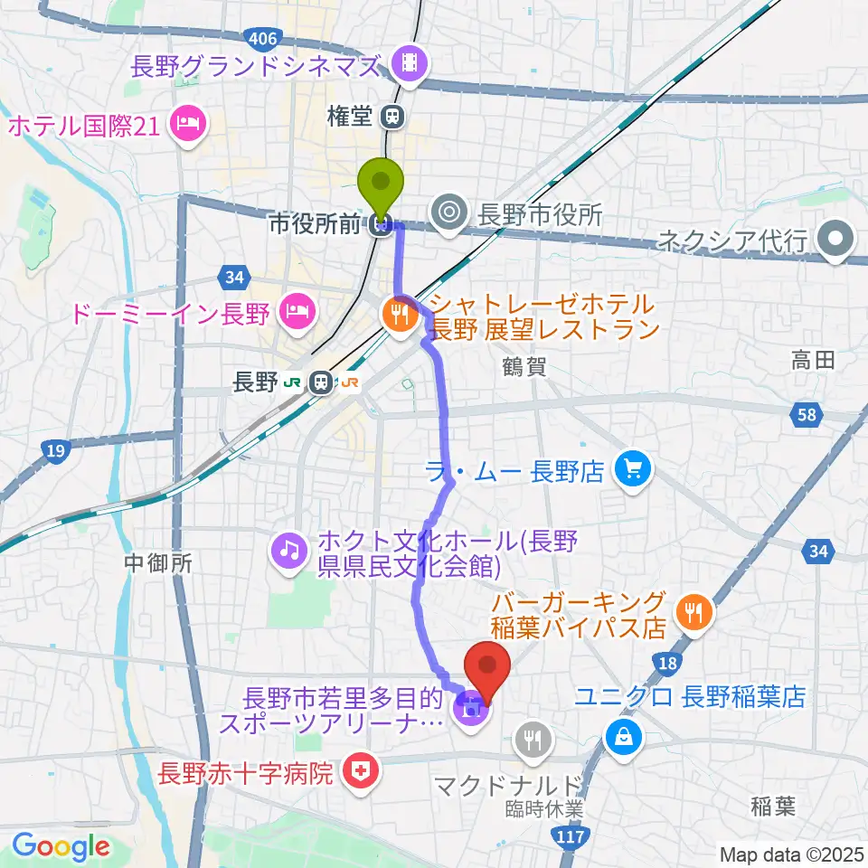 市役所前駅から若里市民文化ホールへのルートマップ地図