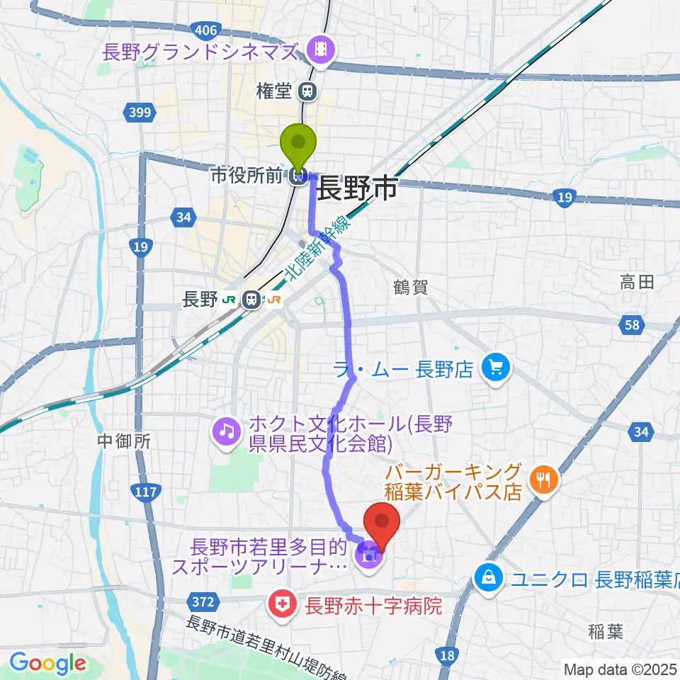 市役所前駅から若里市民文化ホールへのルートマップ地図