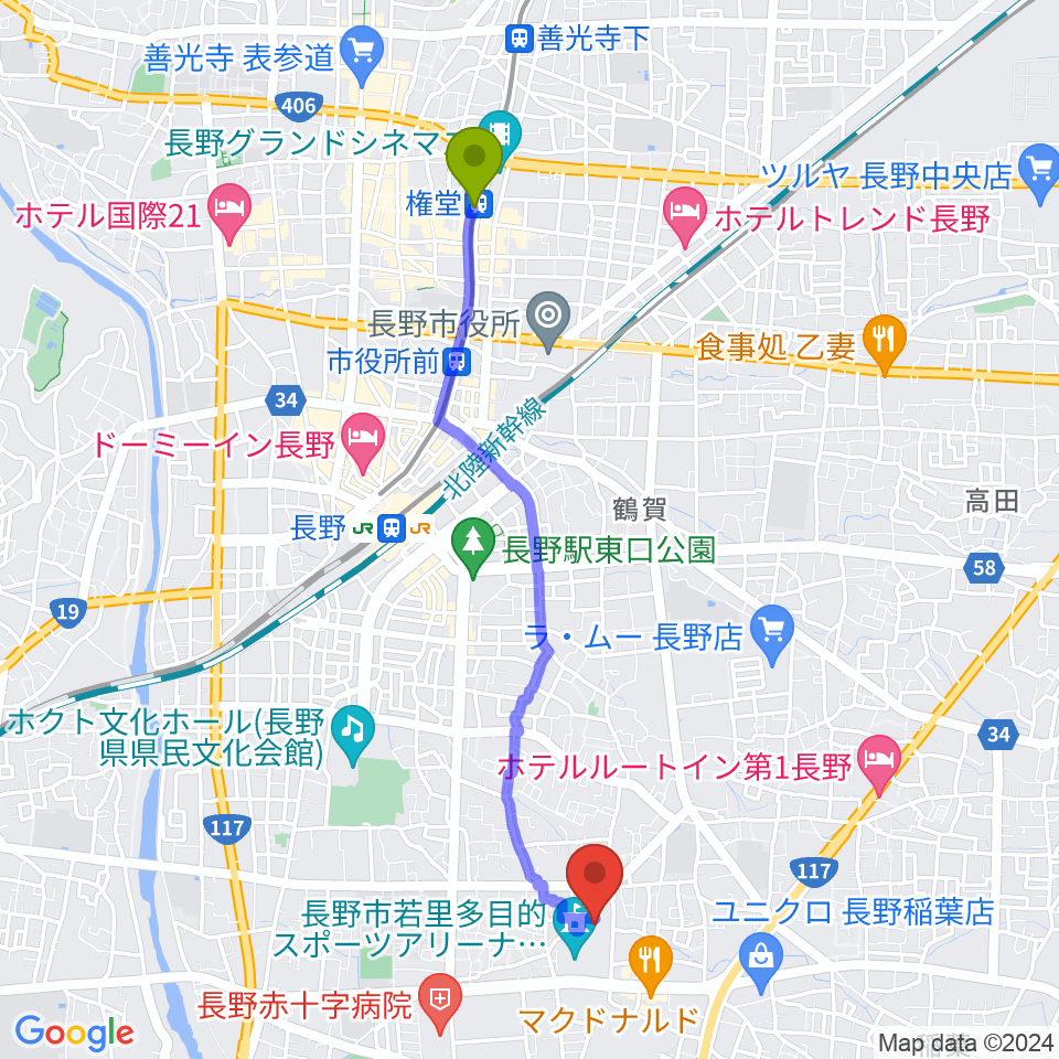 権堂駅から若里市民文化ホールへのルートマップ地図