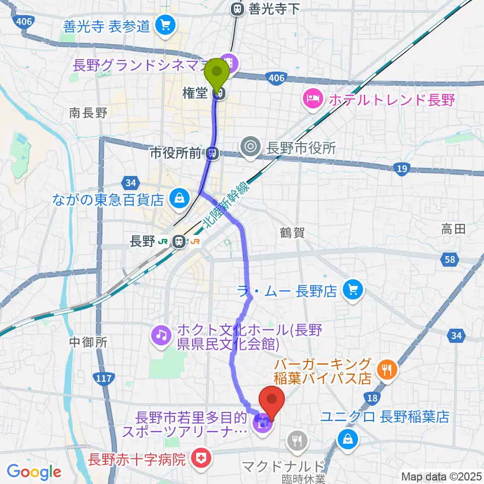 権堂駅から若里市民文化ホールへのルートマップ地図