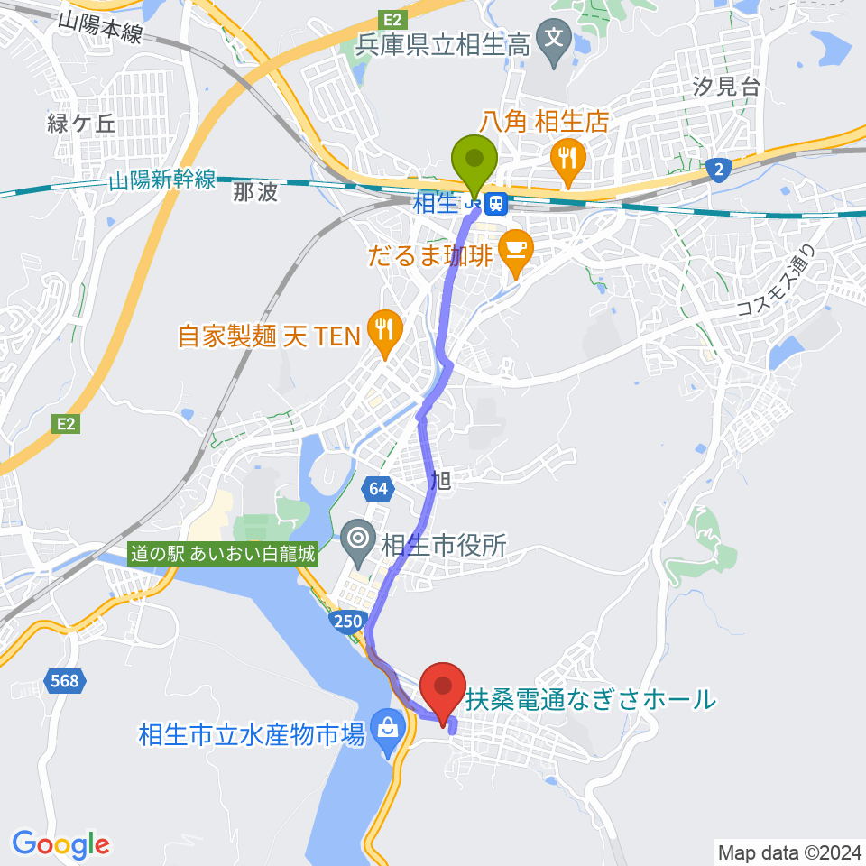 相生駅から相生市文化会館 扶桑電通なぎさホールへのルートマップ地図