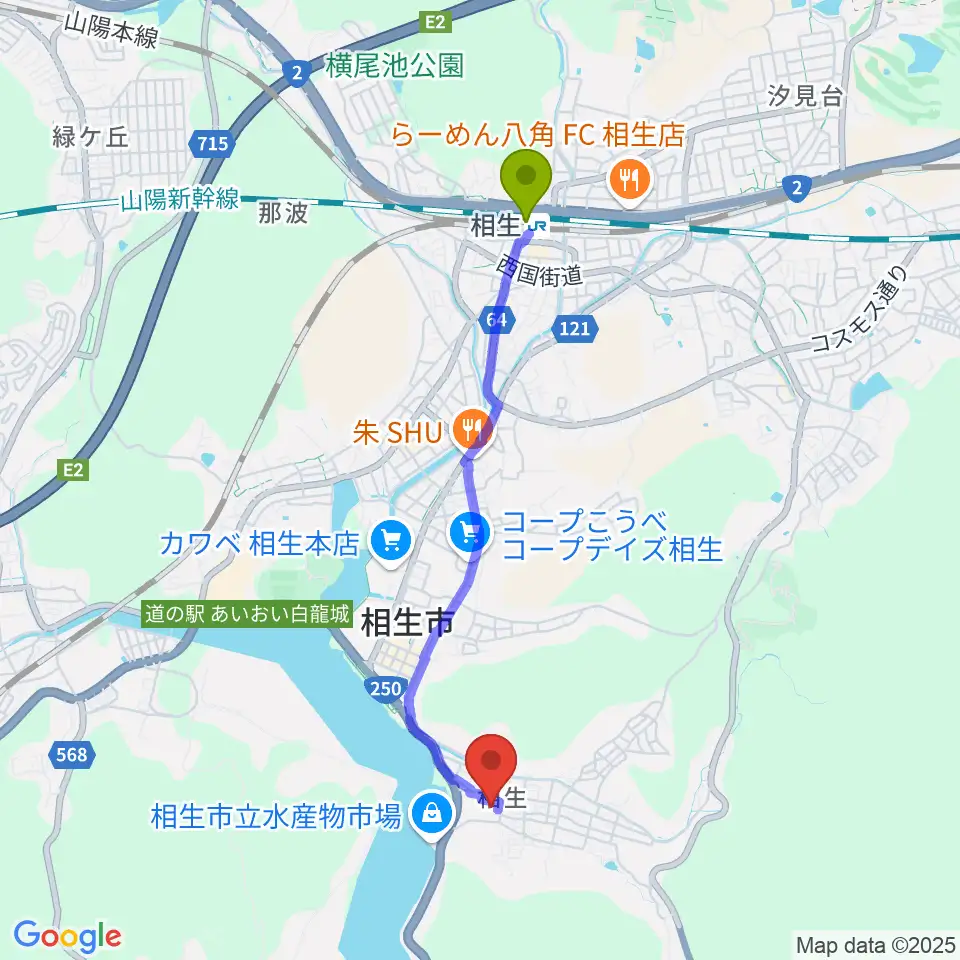 相生駅から扶桑電通なぎさホールへのルートマップ地図