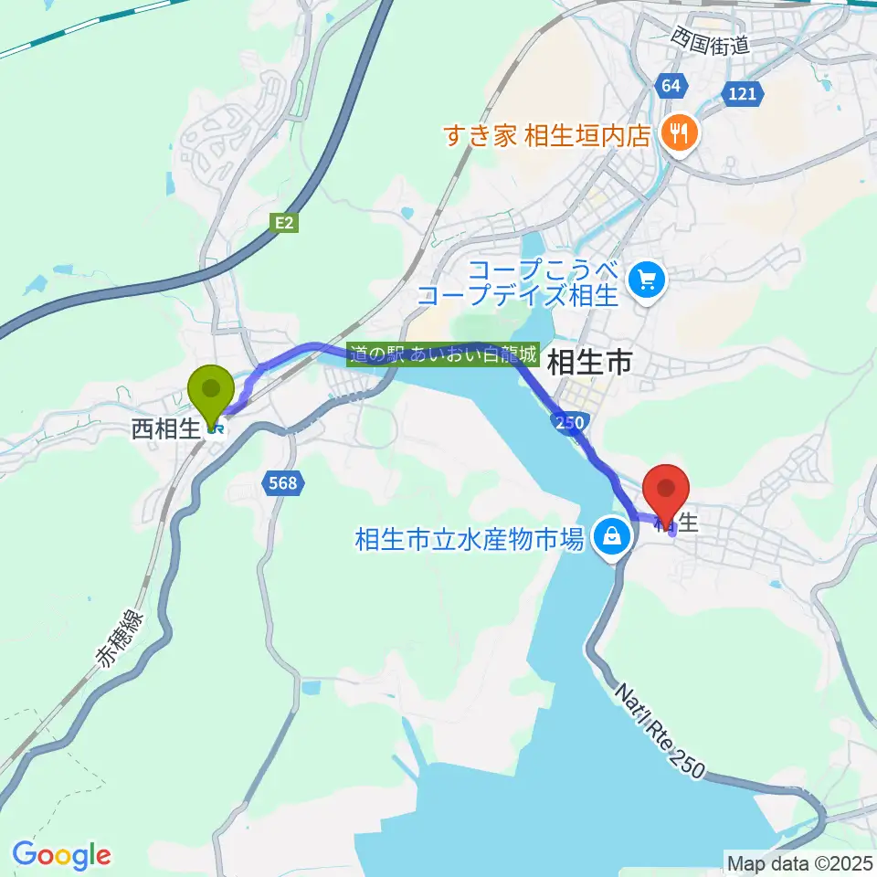 扶桑電通なぎさホールの最寄駅西相生駅からの徒歩ルート（約33分）地図