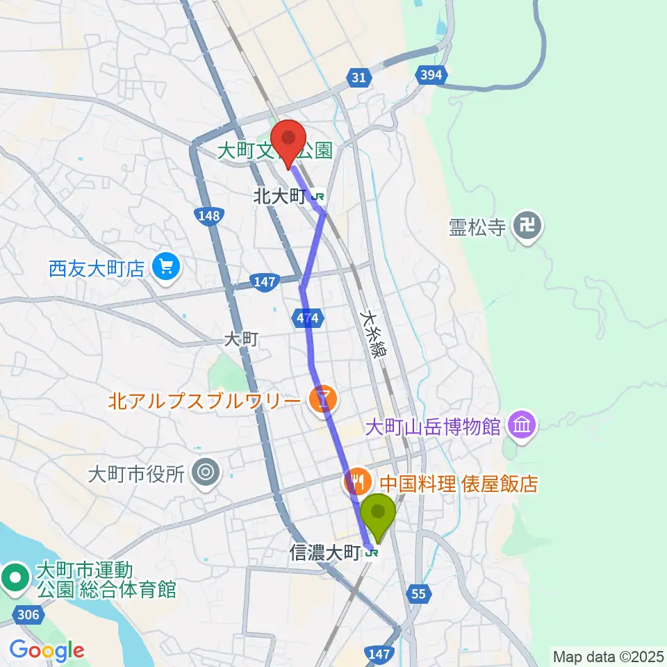 信濃大町駅から大町市文化会館エコーホールへのルートマップ地図