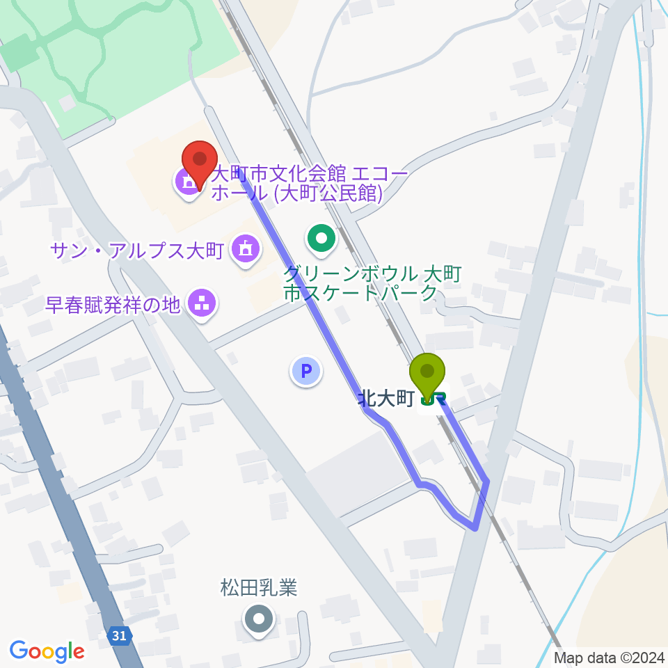 大町市文化会館エコーホールの最寄駅北大町駅からの徒歩ルート（約4分）地図