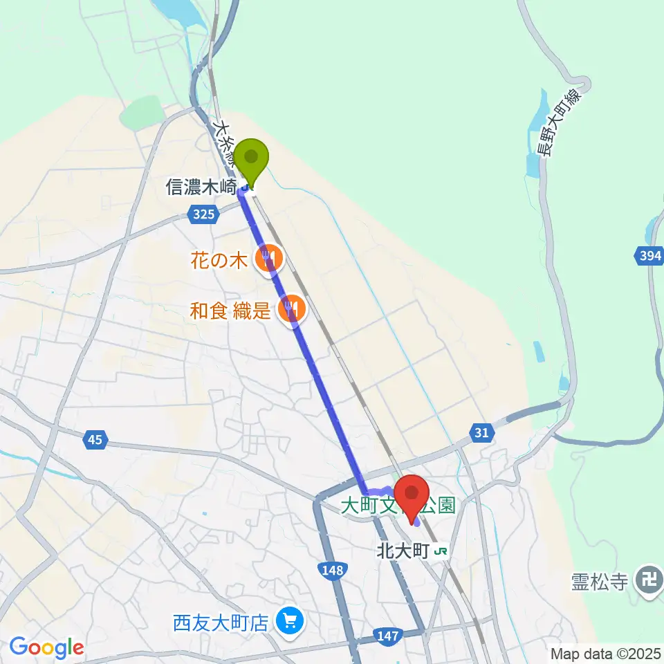 信濃木崎駅から大町市文化会館エコーホールへのルートマップ地図