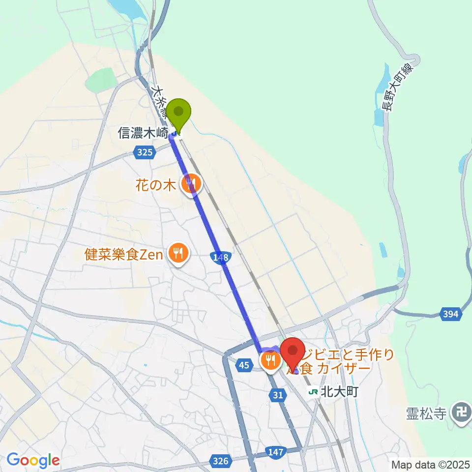 信濃木崎駅から大町市文化会館エコーホールへのルートマップ地図