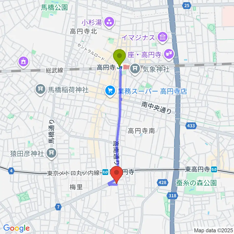 高円寺駅から新高円寺スタックスフレッドへのルートマップ地図