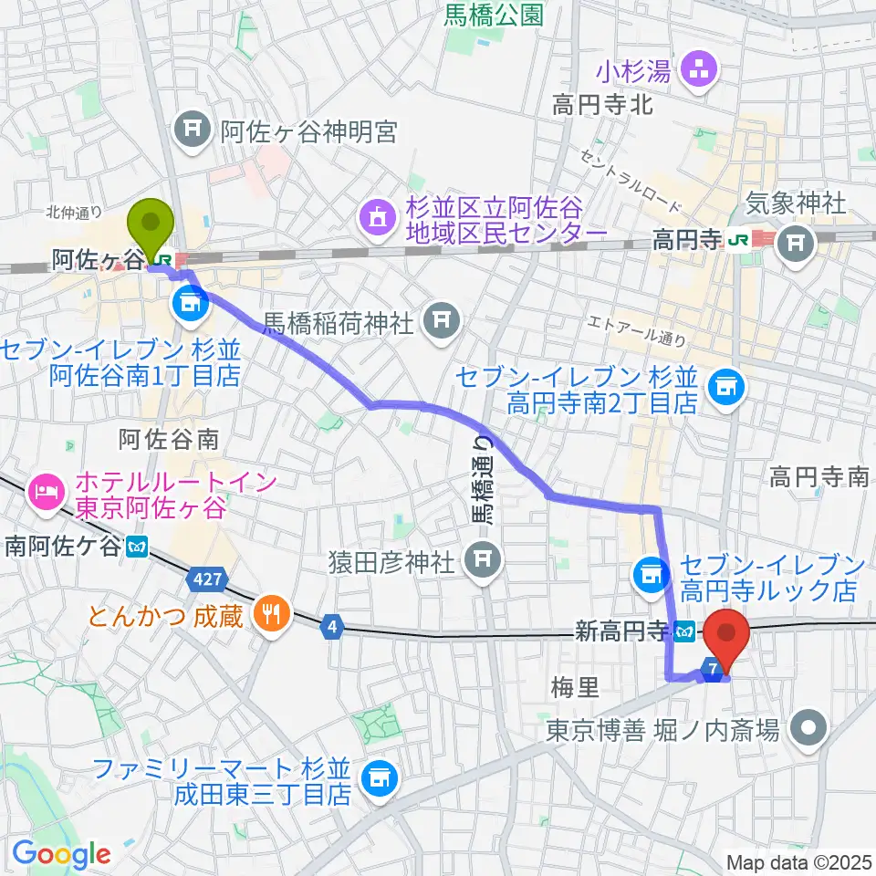 阿佐ケ谷駅から新高円寺スタックスフレッドへのルートマップ地図