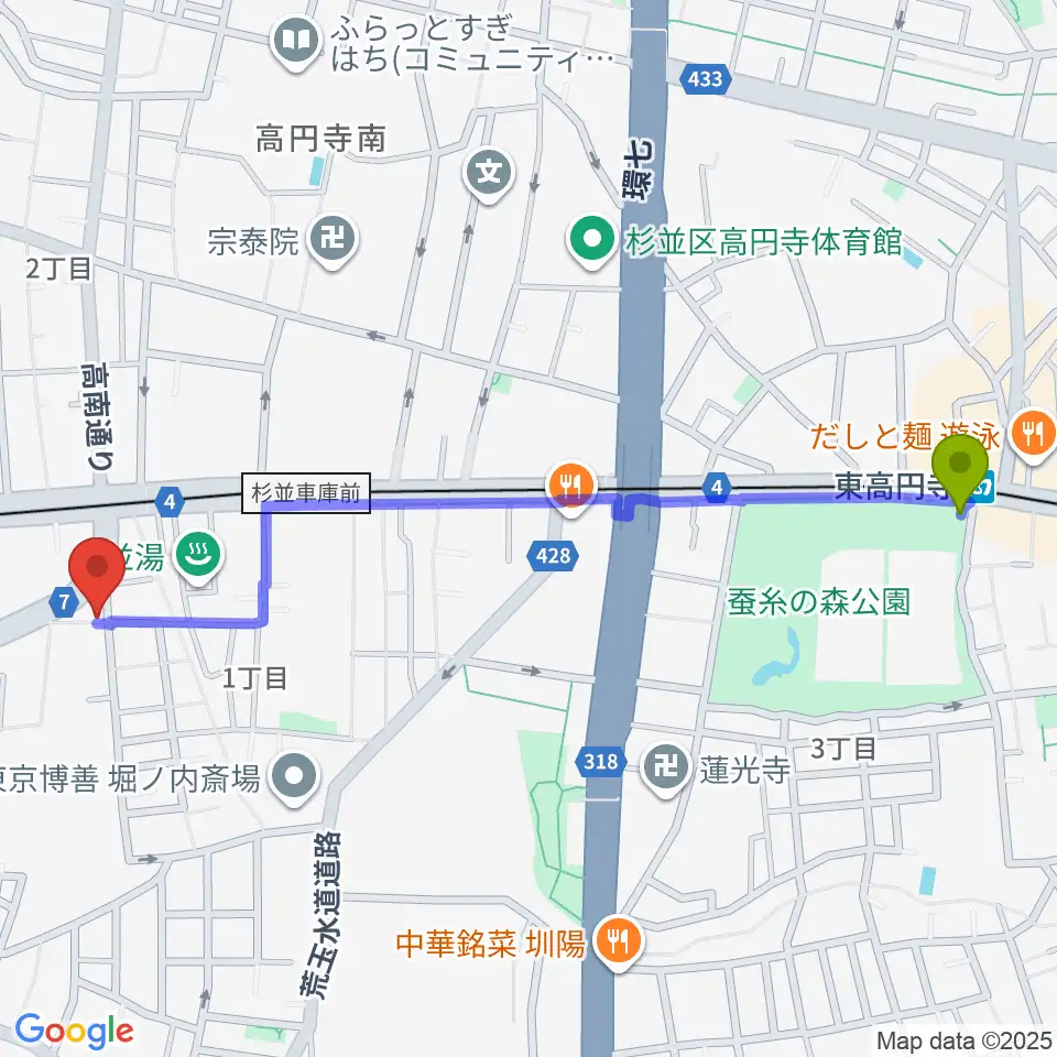 東高円寺駅から新高円寺スタックスフレッドへのルートマップ地図