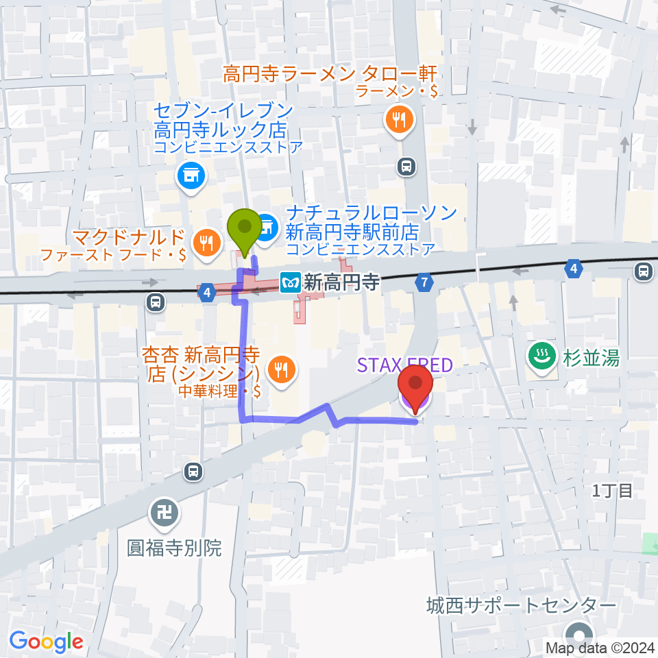 新高円寺スタックスフレッドの最寄駅新高円寺駅からの徒歩ルート（約3分）地図