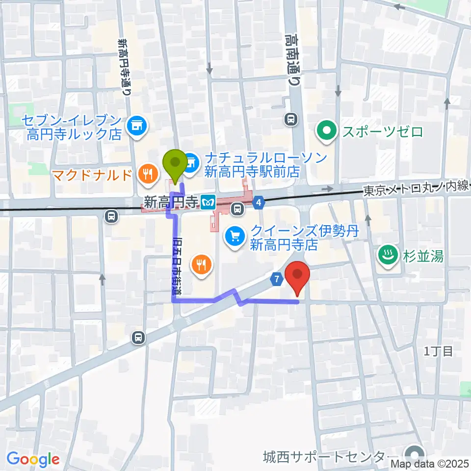 新高円寺スタックスフレッドの最寄駅新高円寺駅からの徒歩ルート（約3分）地図