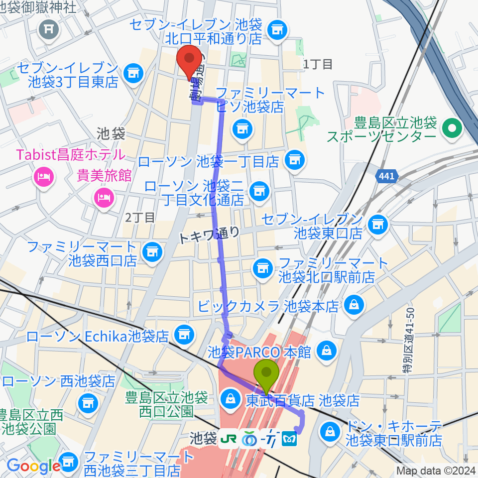 サックス教室トライトーン・ミュージックラボの最寄駅池袋駅からの徒歩ルート（約10分）地図