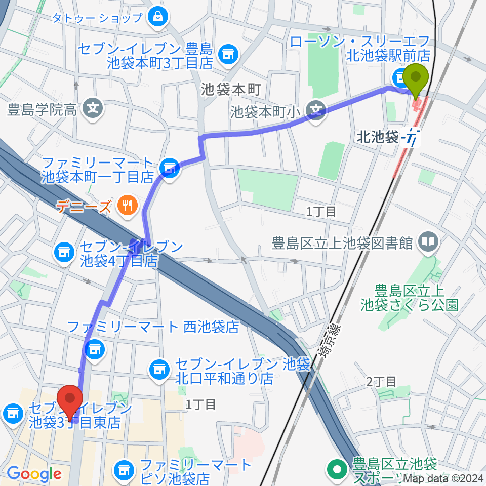 北池袋駅からサックス教室トライトーン・ミュージックラボへのルートマップ地図