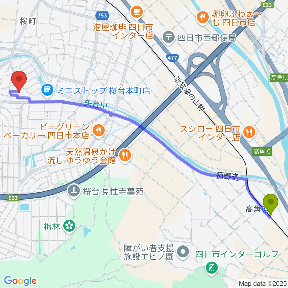 高角駅からSTUDIO LIFEへのルートマップ地図
