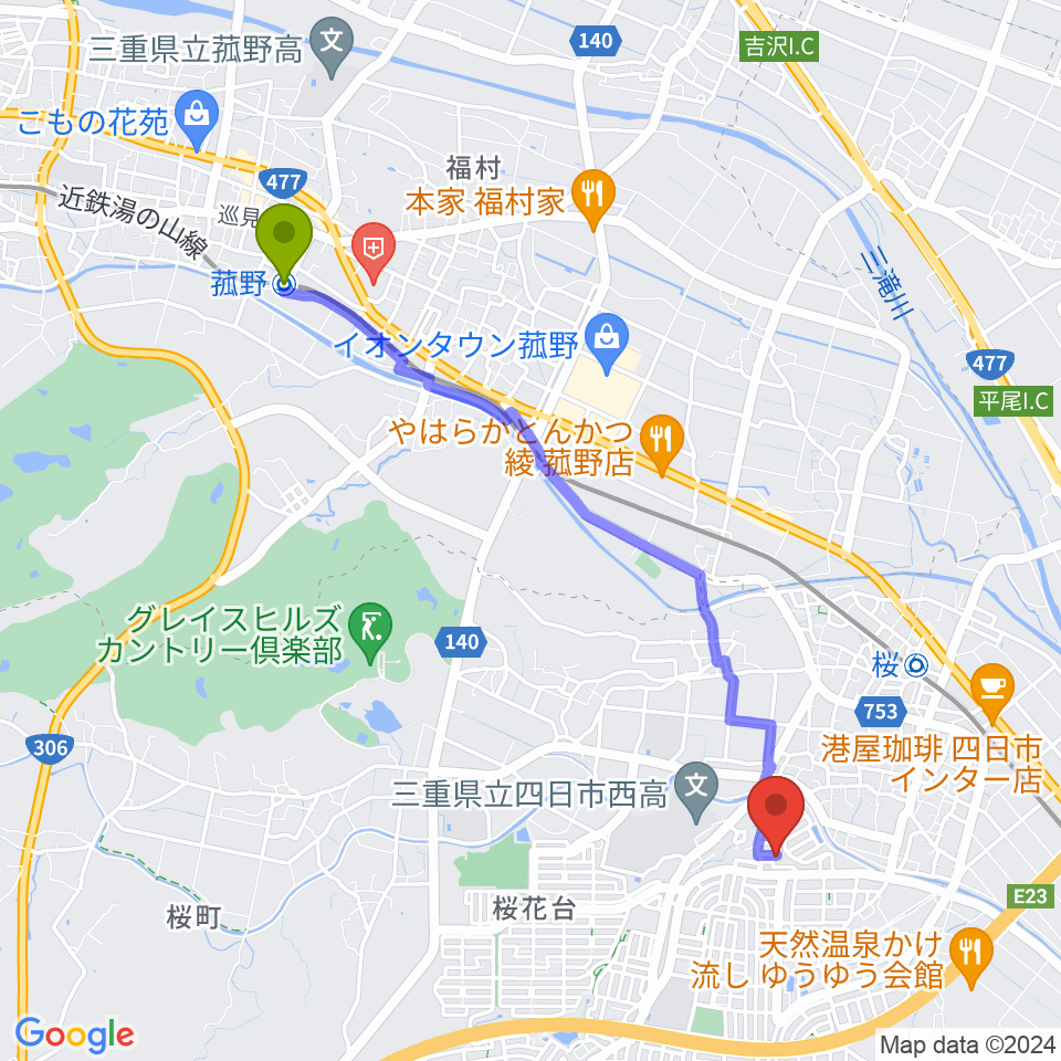 菰野駅からSTUDIO LIFEへのルートマップ地図