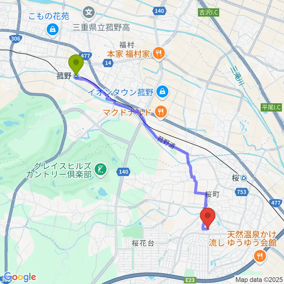 菰野駅からSTUDIO LIFEへのルートマップ地図