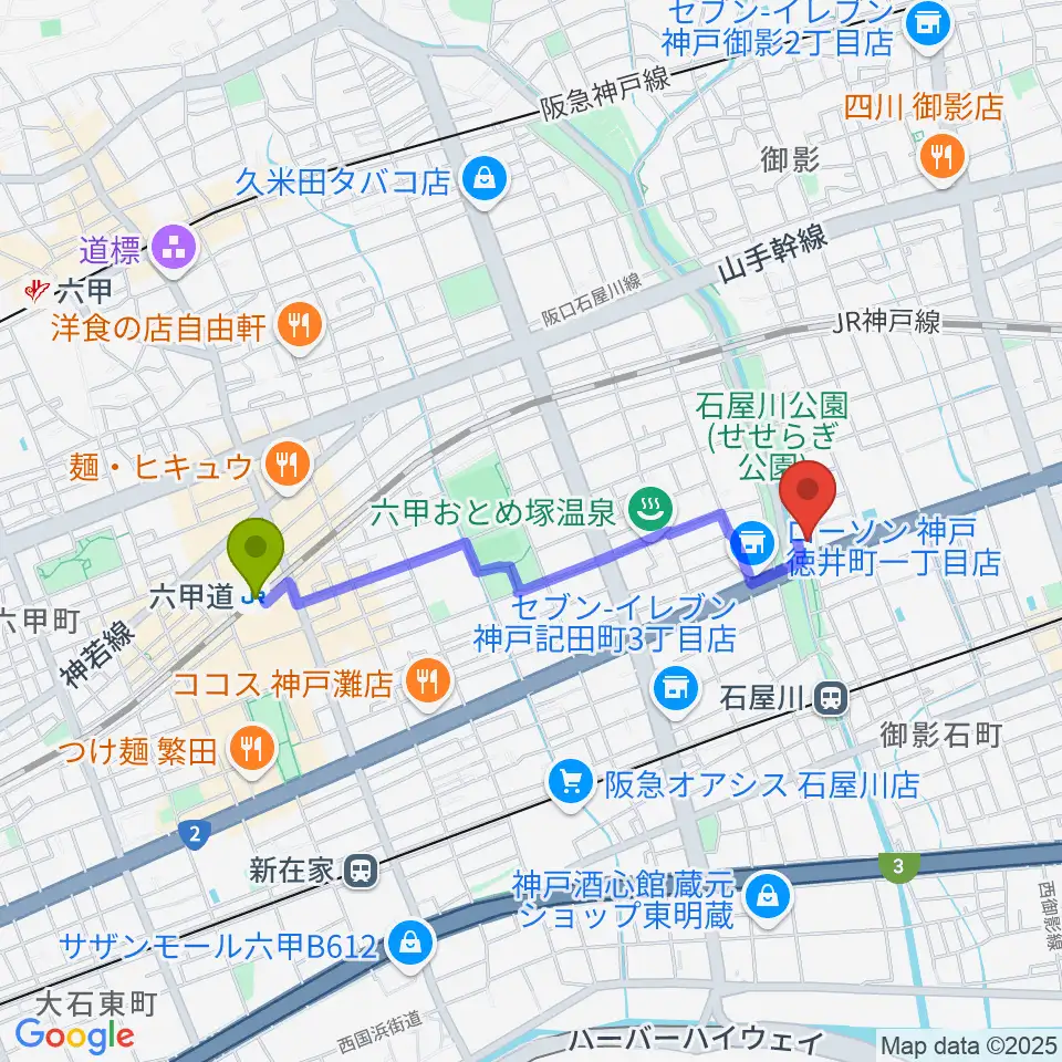 六甲道駅から神戸市立御影公会堂へのルートマップ地図