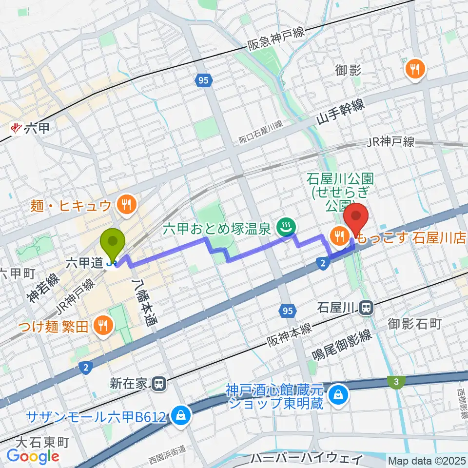六甲道駅から神戸市立御影公会堂へのルートマップ地図
