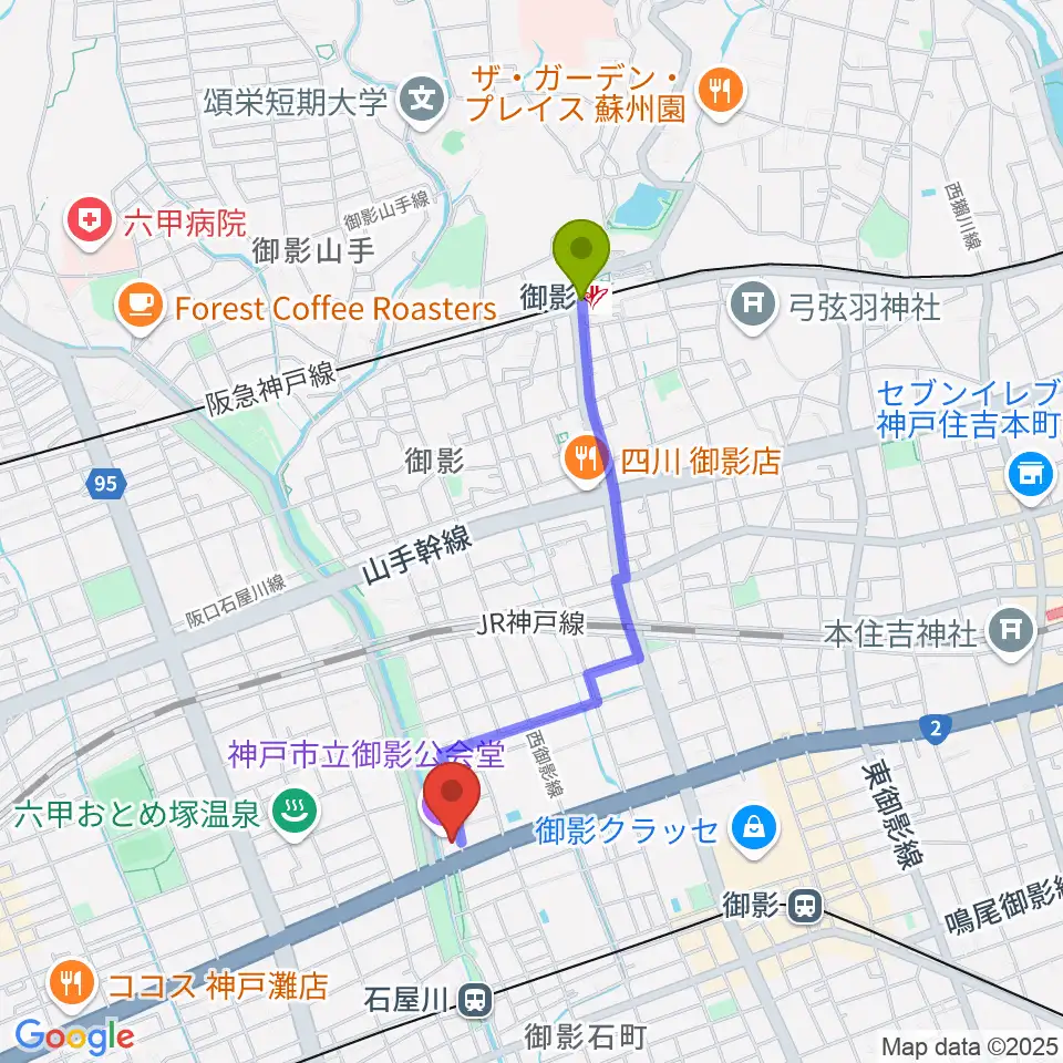 御影駅から神戸市立御影公会堂へのルートマップ地図
