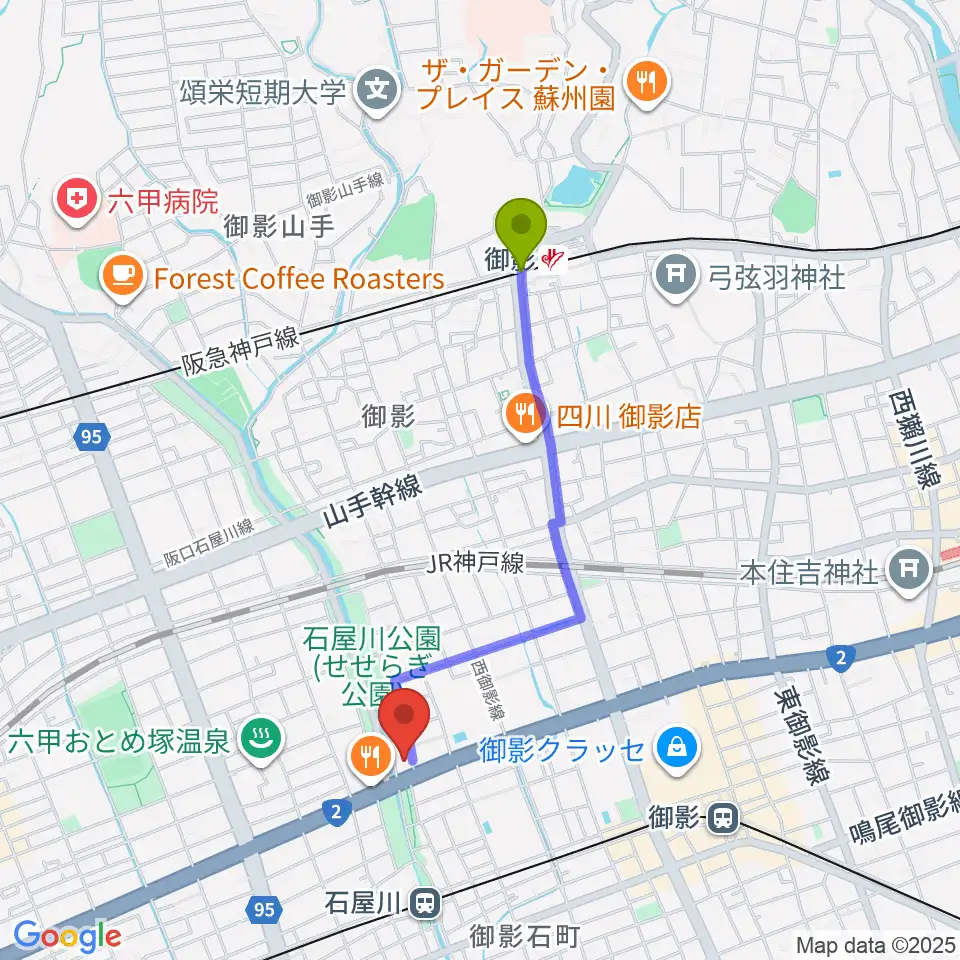 御影駅から神戸市立御影公会堂へのルートマップ地図