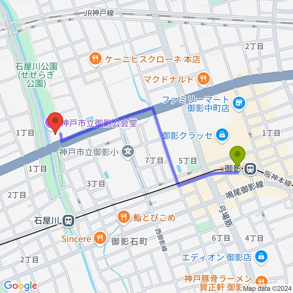 御影駅から神戸市立御影公会堂へのルートマップ地図