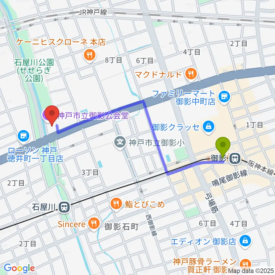 御影駅から神戸市立御影公会堂へのルートマップ地図