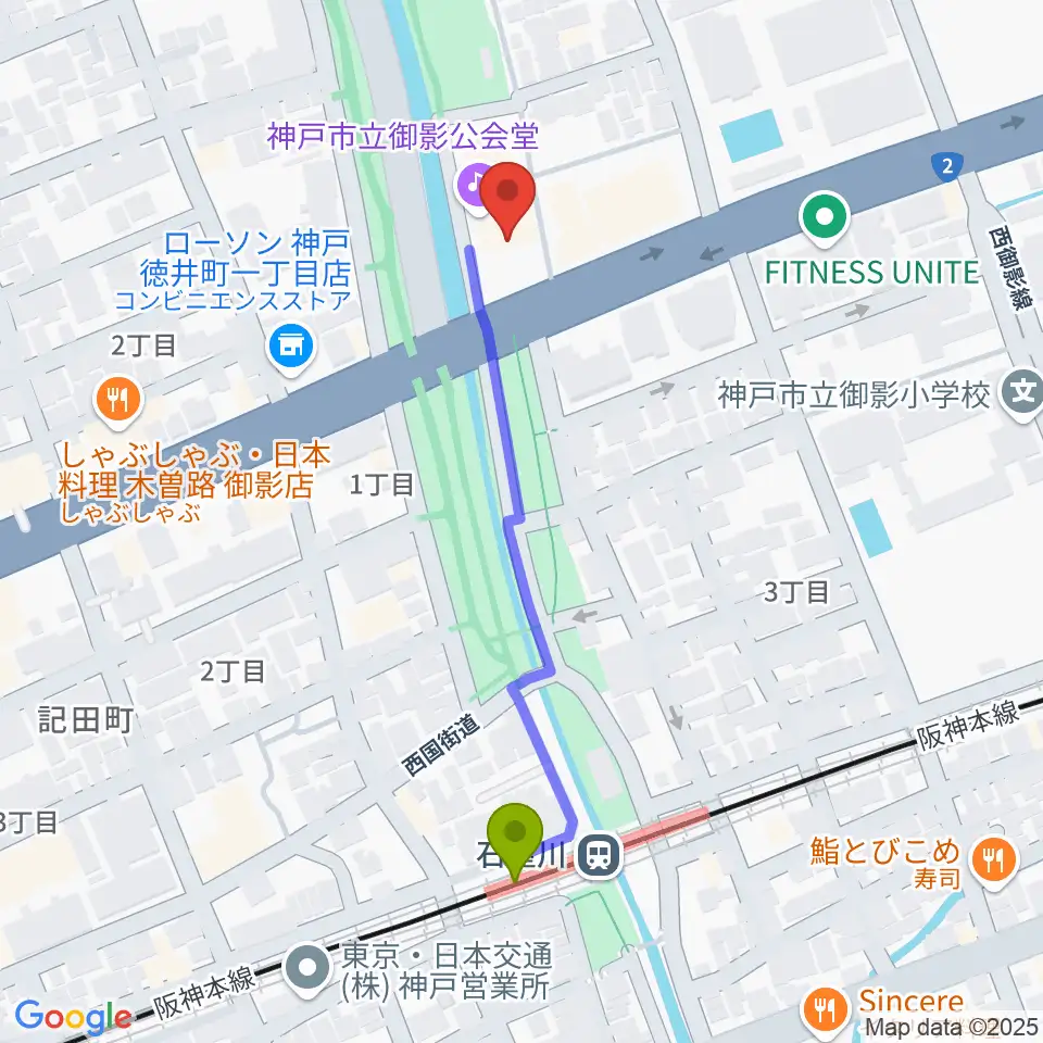 神戸市立御影公会堂の最寄駅石屋川駅からの徒歩ルート（約5分）地図