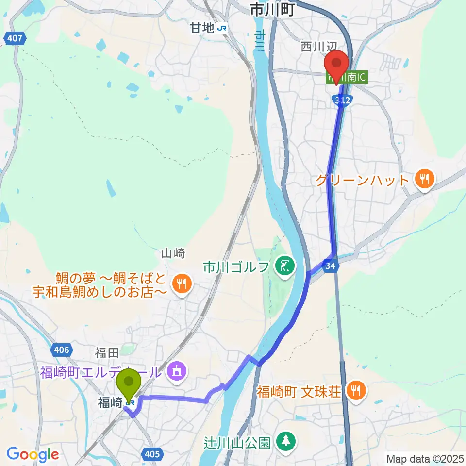 福崎駅から市川町文化センターひまわりホールへのルートマップ地図