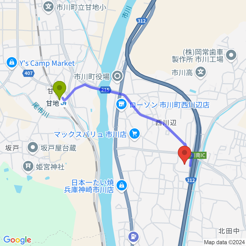 市川町文化センターひまわりホールの最寄駅甘地駅からの徒歩ルート（約18分）地図